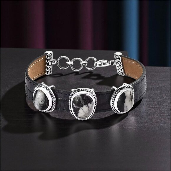 Artisan Crafted ✦ White Buffalo Trilogy Bracelet ✦ Sterling Silver Black Leather - Picture 3 of 6